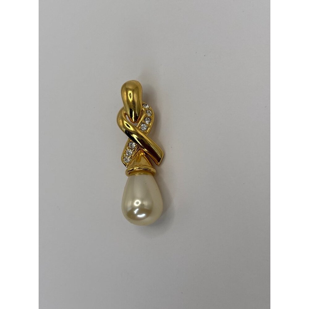 Nolan Miller Vintage Gold Tone Faux Pearl Rhinestone Pendant Signed - Picture 2 of 5